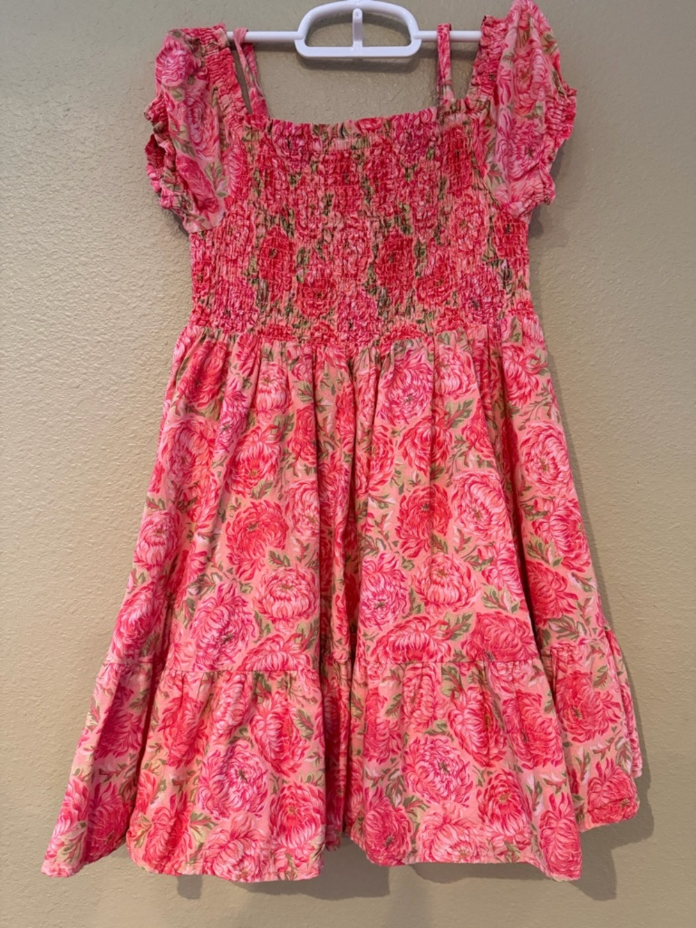 Girls Pink/Peach/Orange peonies Floral Smocked Sundress